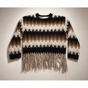 Brown Chevron Fringe Cropped Sweater Boho Western Retro